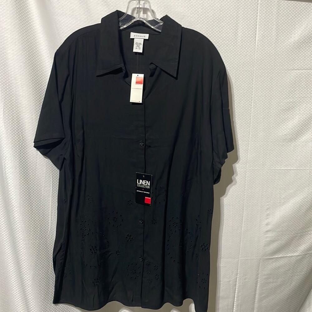 Avenue 18/20 black short sleeve button down blouse boxy style tunic slits nwt